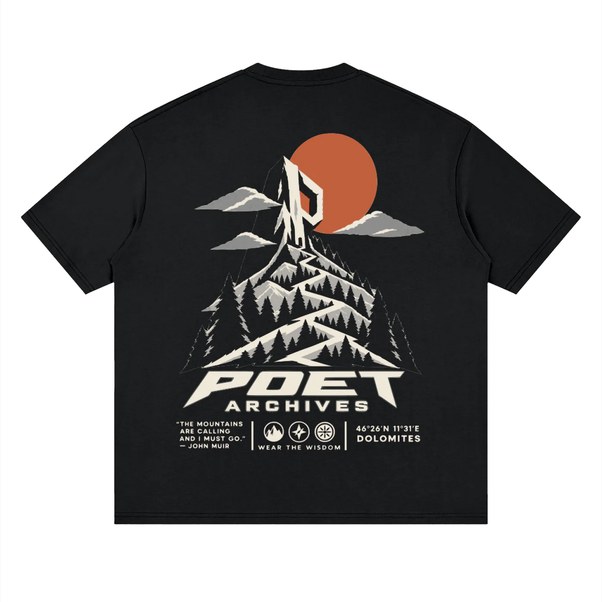 A black short-sleeve t-shirt shown flat against a white background, featuring a large back graphic with a mountain, pine trees, an orange sun, and the text 'POET ARCHIVES'.