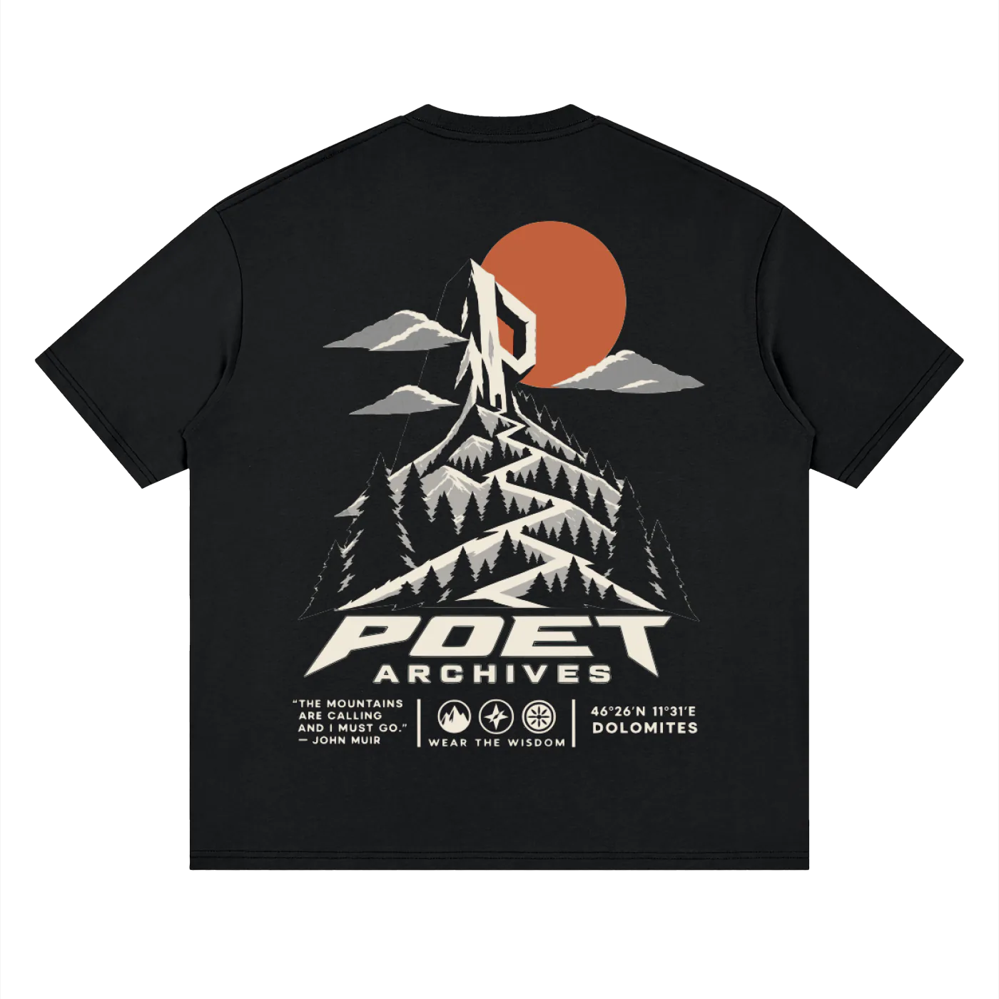 A black short-sleeve t-shirt shown flat against a white background, featuring a large back graphic with a mountain, pine trees, an orange sun, and the text 'POET ARCHIVES'.