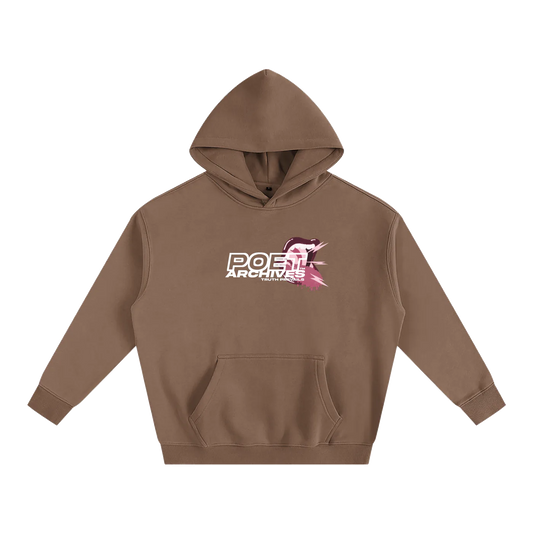 Brown hoodie with a logo on the chest against a white background