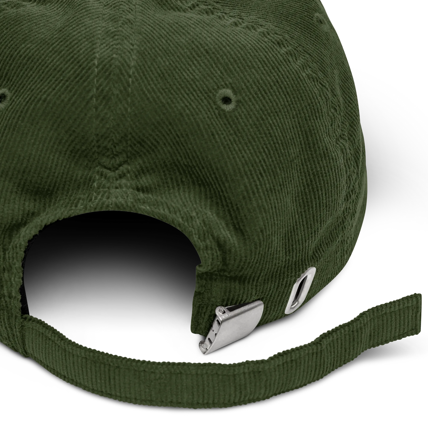 Green cap with a strap and metal clasp on a white background