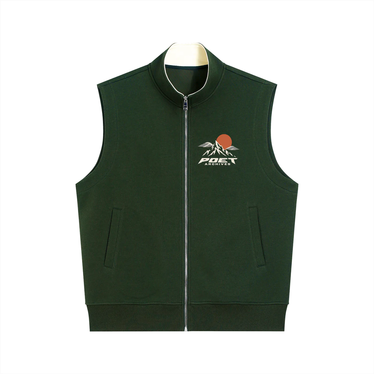 Dark green Dolomites-inspired hiking vest with mountain graphic and John Muir design