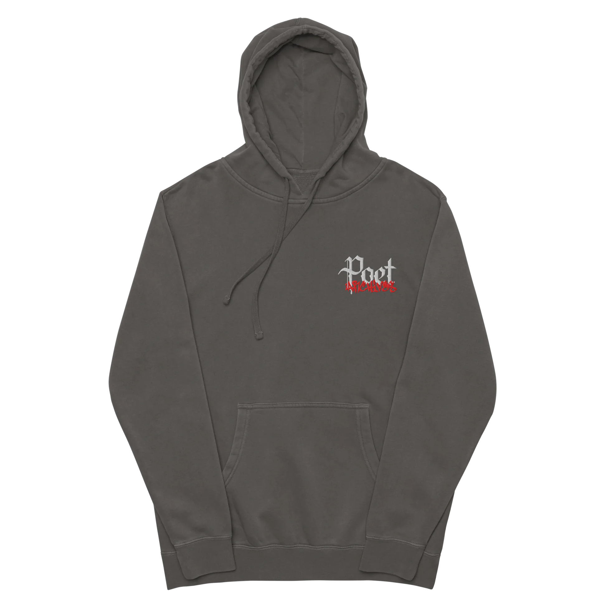 Gray hoodie with 'Poet' logo on a white background