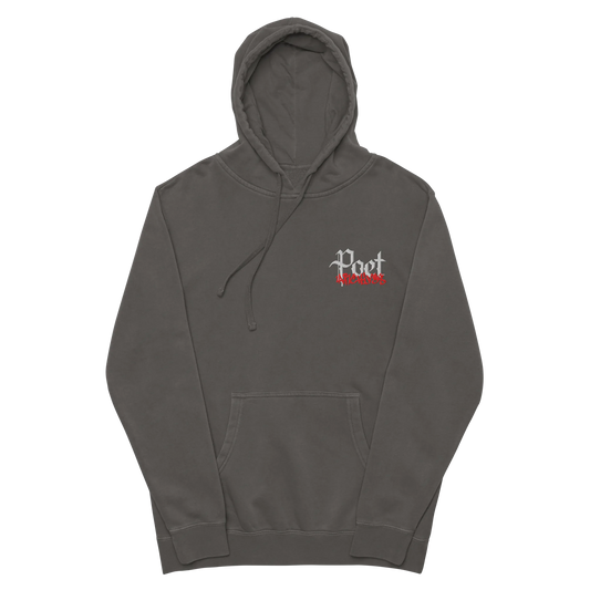 Gray hoodie with 'Poet' logo on a white background