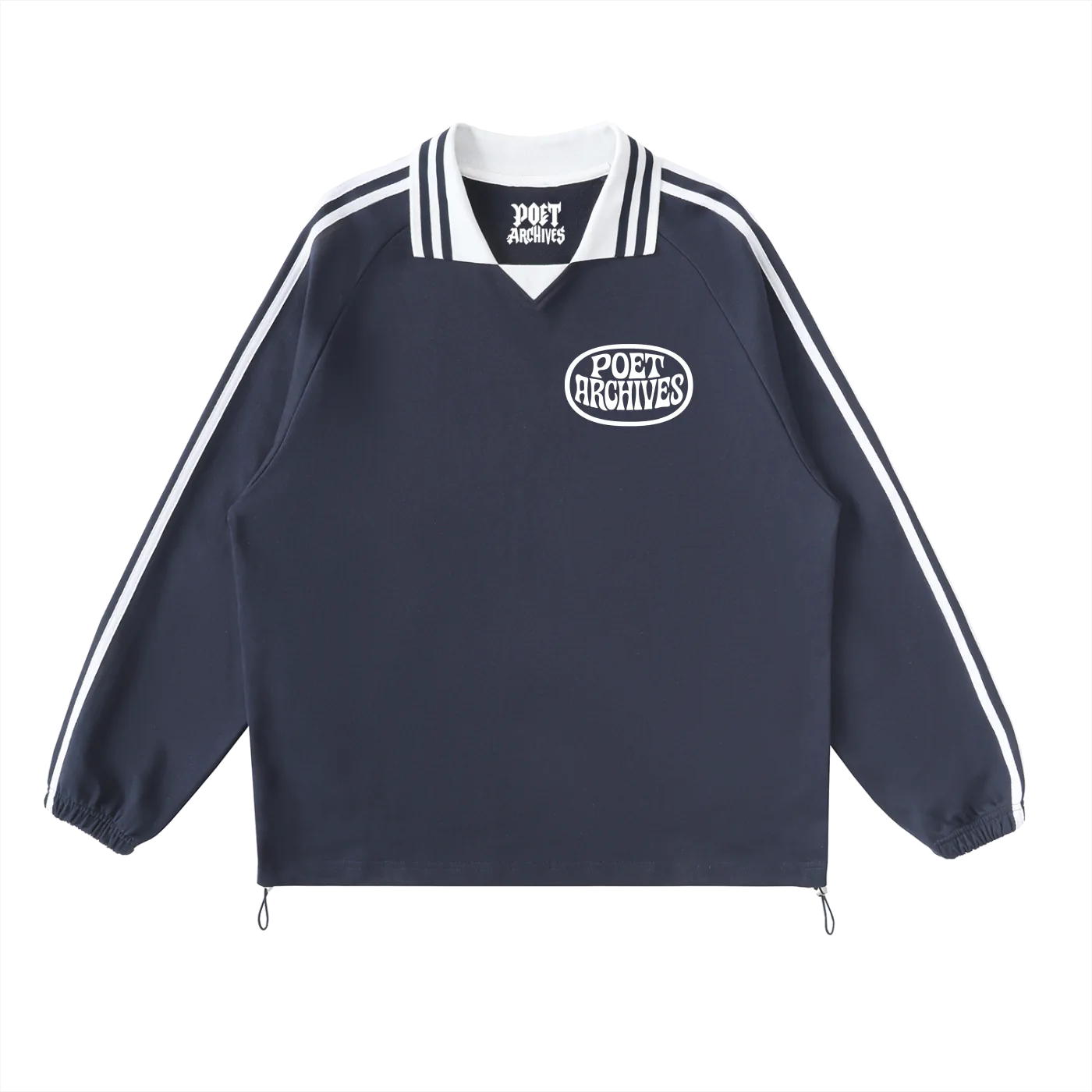Navy jacket with white stripes and 'Poet Archives' logo on a white background
