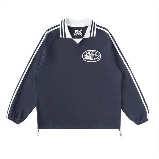 Navy jacket with white stripes and 'Poet Archives' logo on a white background