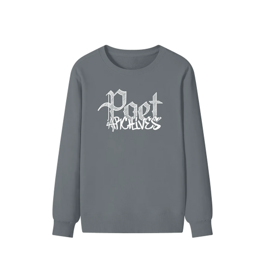 A dark gray crewneck sweatshirt with a white graphic text print reading 'Pact Archives' on the chest, displayed against a solid white background.