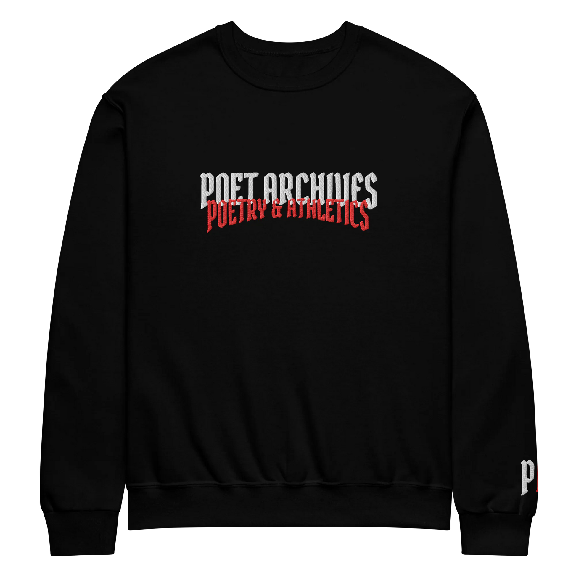Black sweatshirt with 'Poet Archives Poetry & Athletics' text on a white background