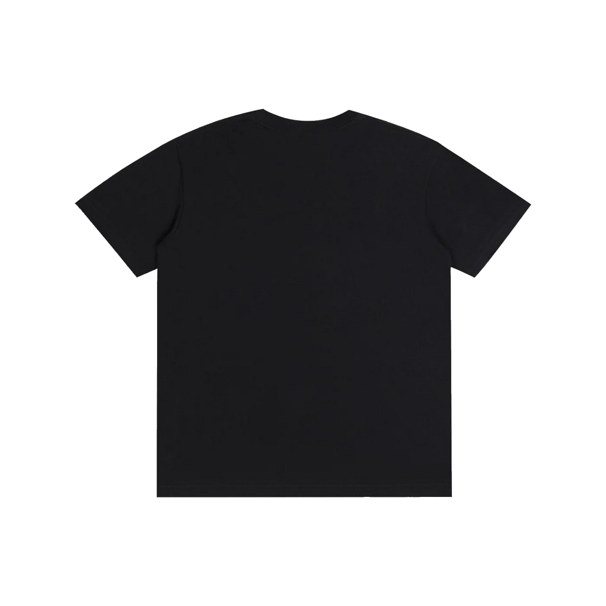 A plain black short-sleeve crewneck t-shirt shown from the back, laid flat against a solid white background.