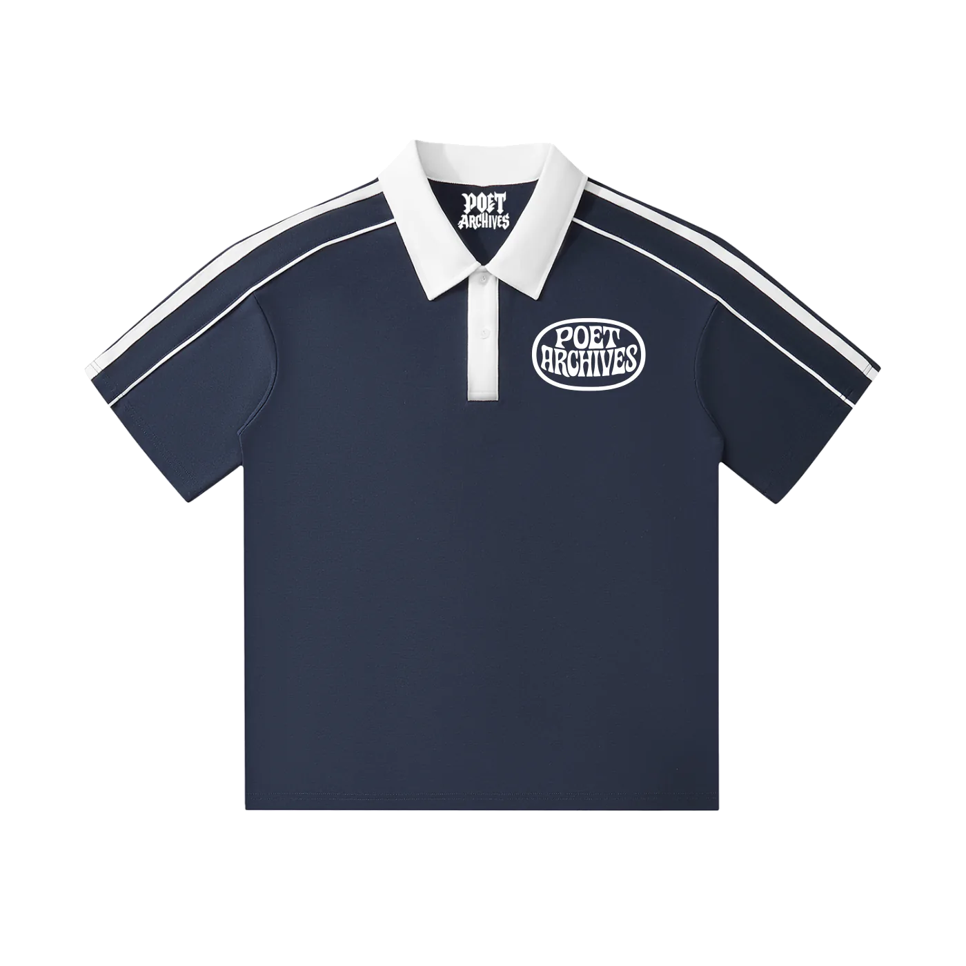 Navy polo shirt with white collar and stripes on a white background
