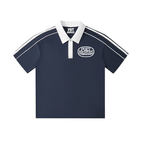 Navy polo shirt with white collar and stripes on a white background