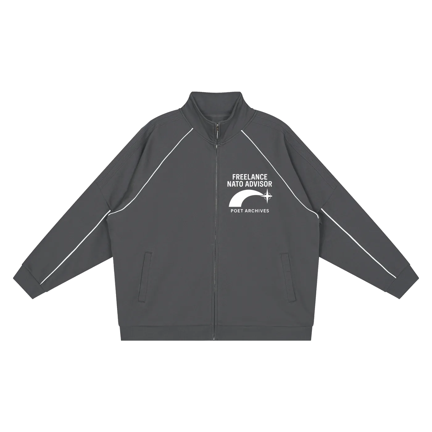 Dark gray jacket with white text and logo on a white background