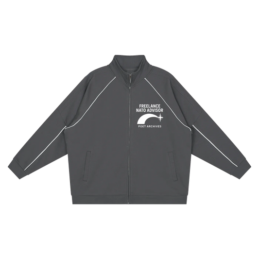 Dark gray jacket with white text and logo on a white background