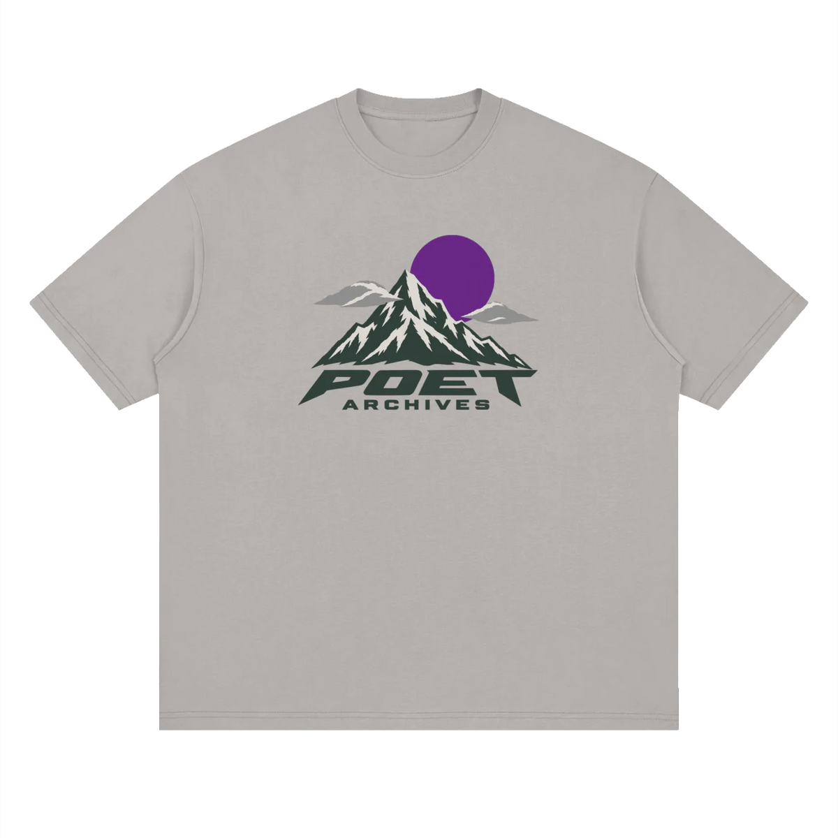 A light gray crewneck t-shirt featuring a graphic print of a mountain peak, a purple sun, and the text 'POET ARCHIVES' in dark green and gray.