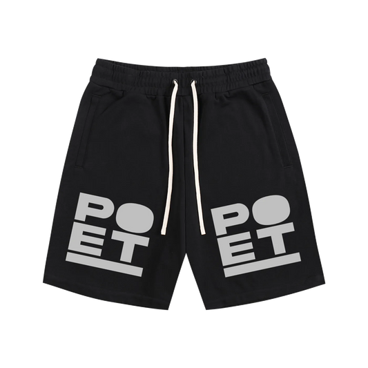 Black shorts with 'PO ET' logo on a white background