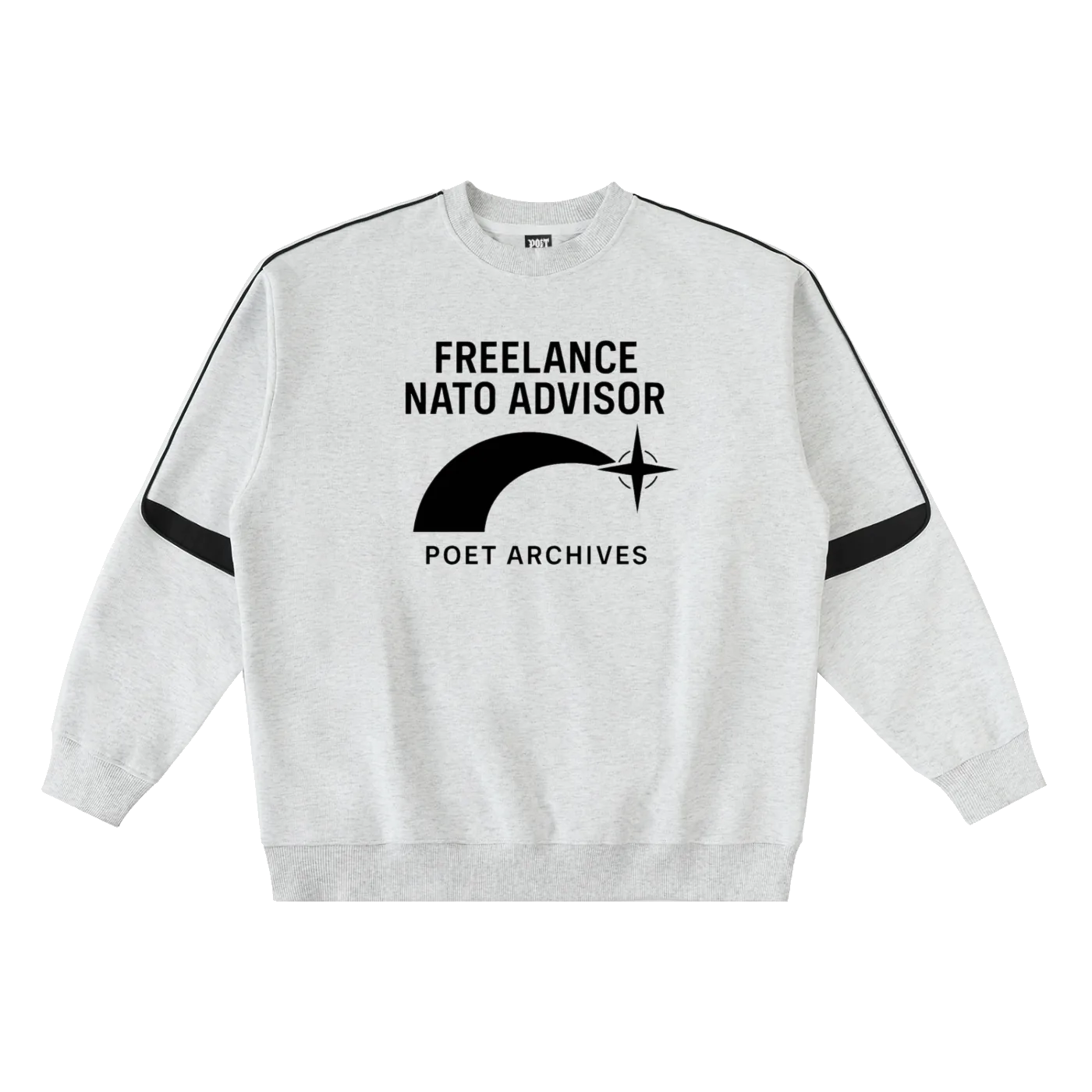 Gray sweatshirt with black text and design on a white background