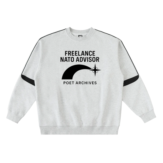 Gray sweatshirt with black text and design on a white background