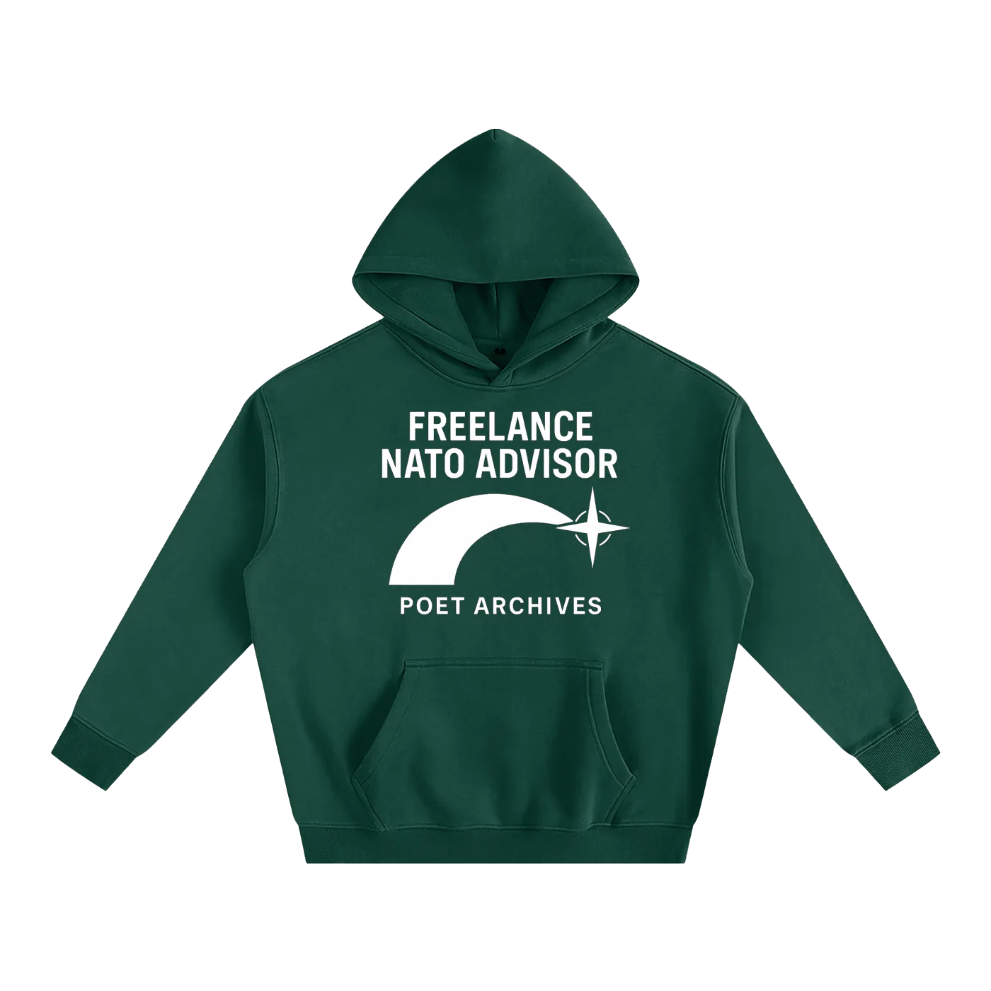Green hoodie with 'Freelance NATO Advisor' text and logo on a white background