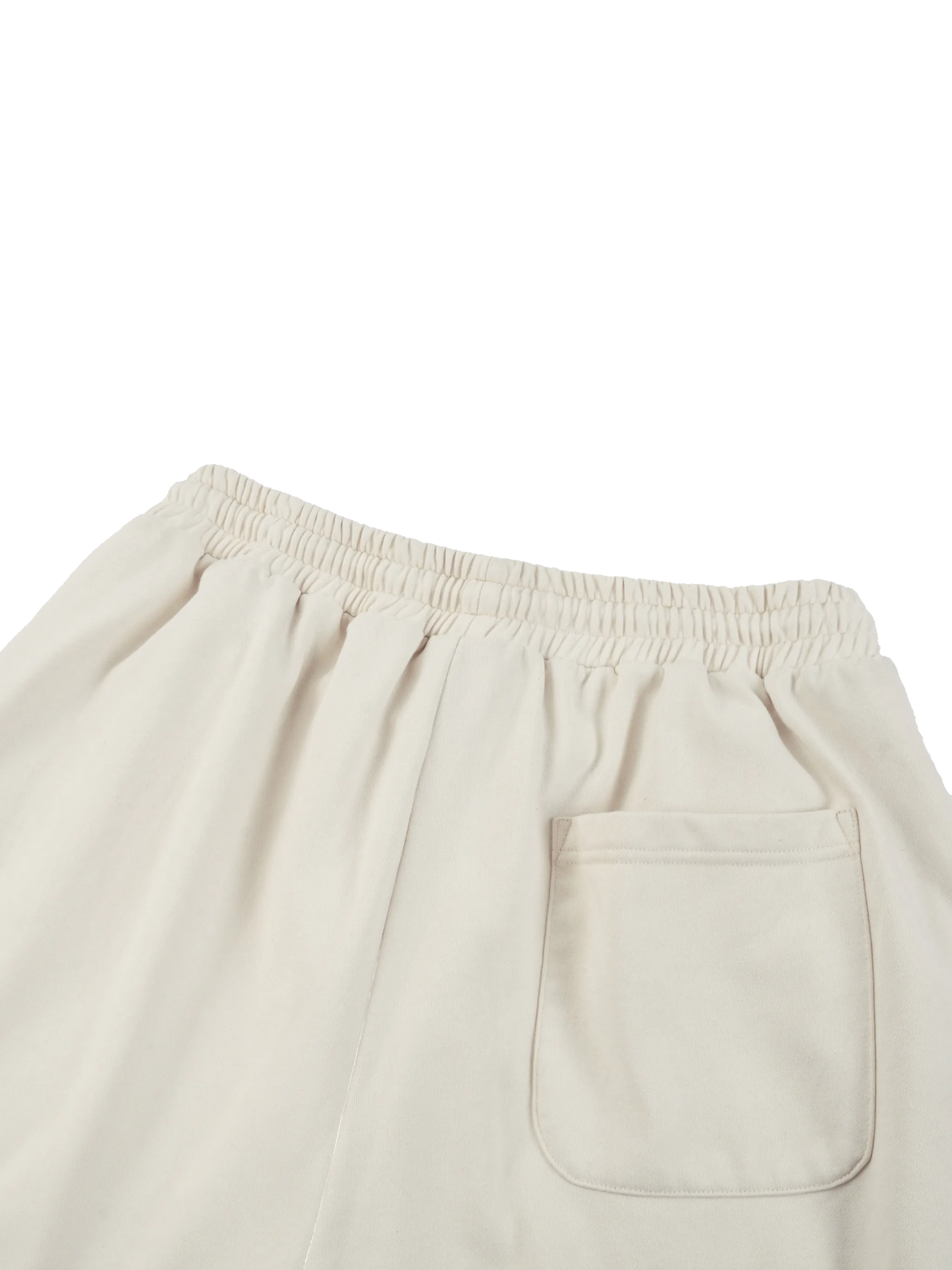 Beige pants with an elastic waistband and a pocket on a white background