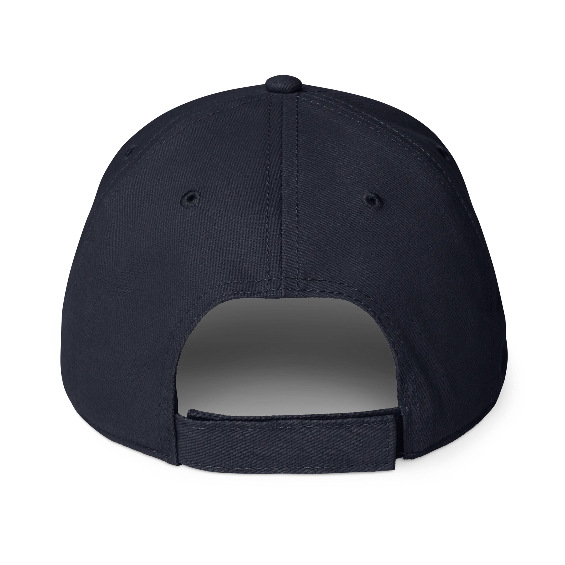 The back view of a dark navy blue baseball cap on a solid white background.