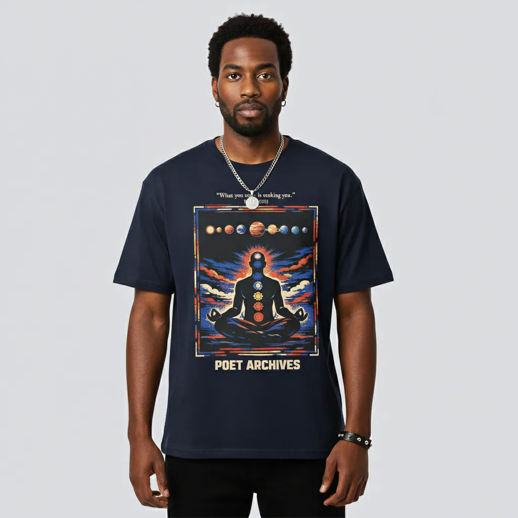 Man wearing a navy blue t-shirt with a graphic design and 'Poet Archives' text on a light gray background