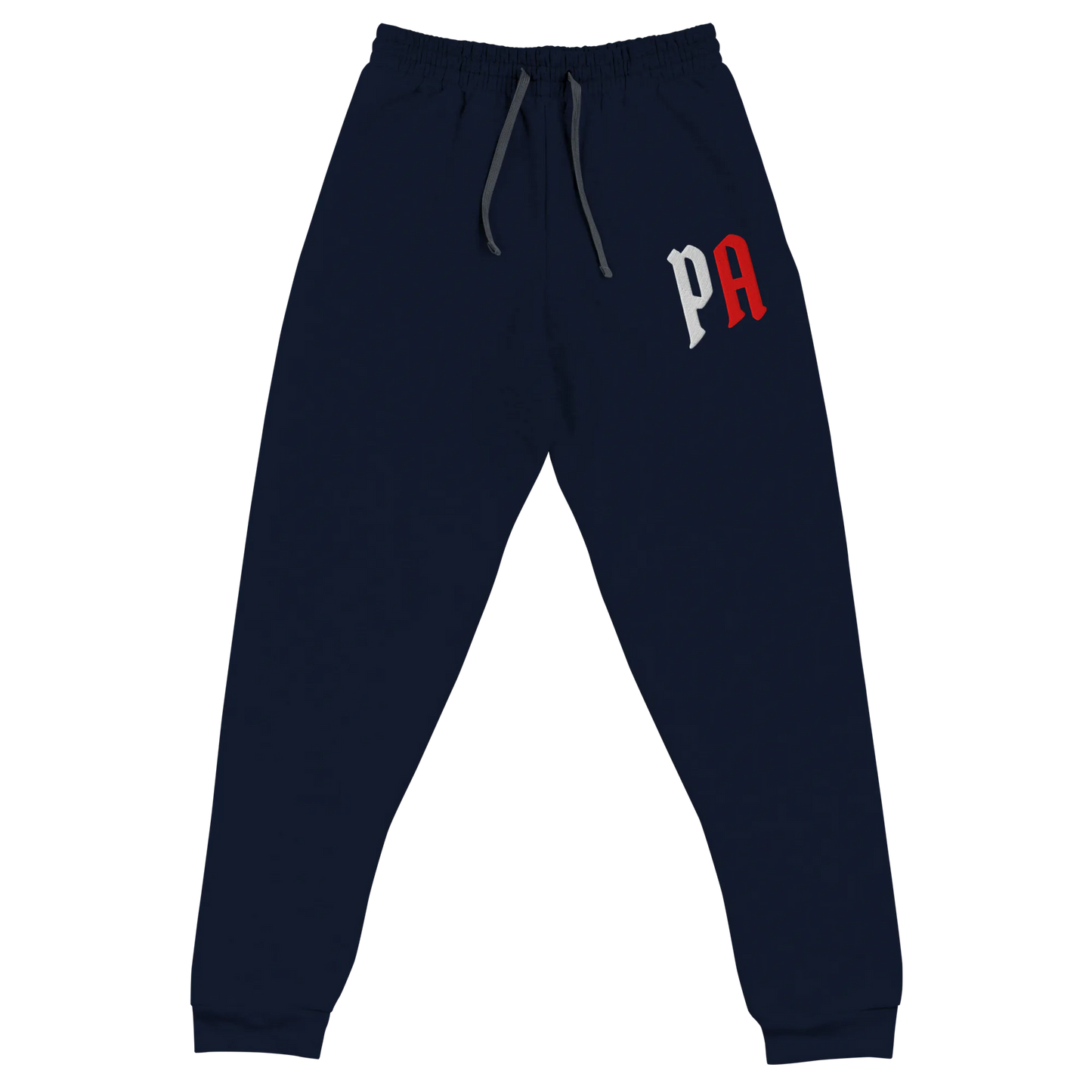 Navy blue sweatpants with a red and white logo on a white background
