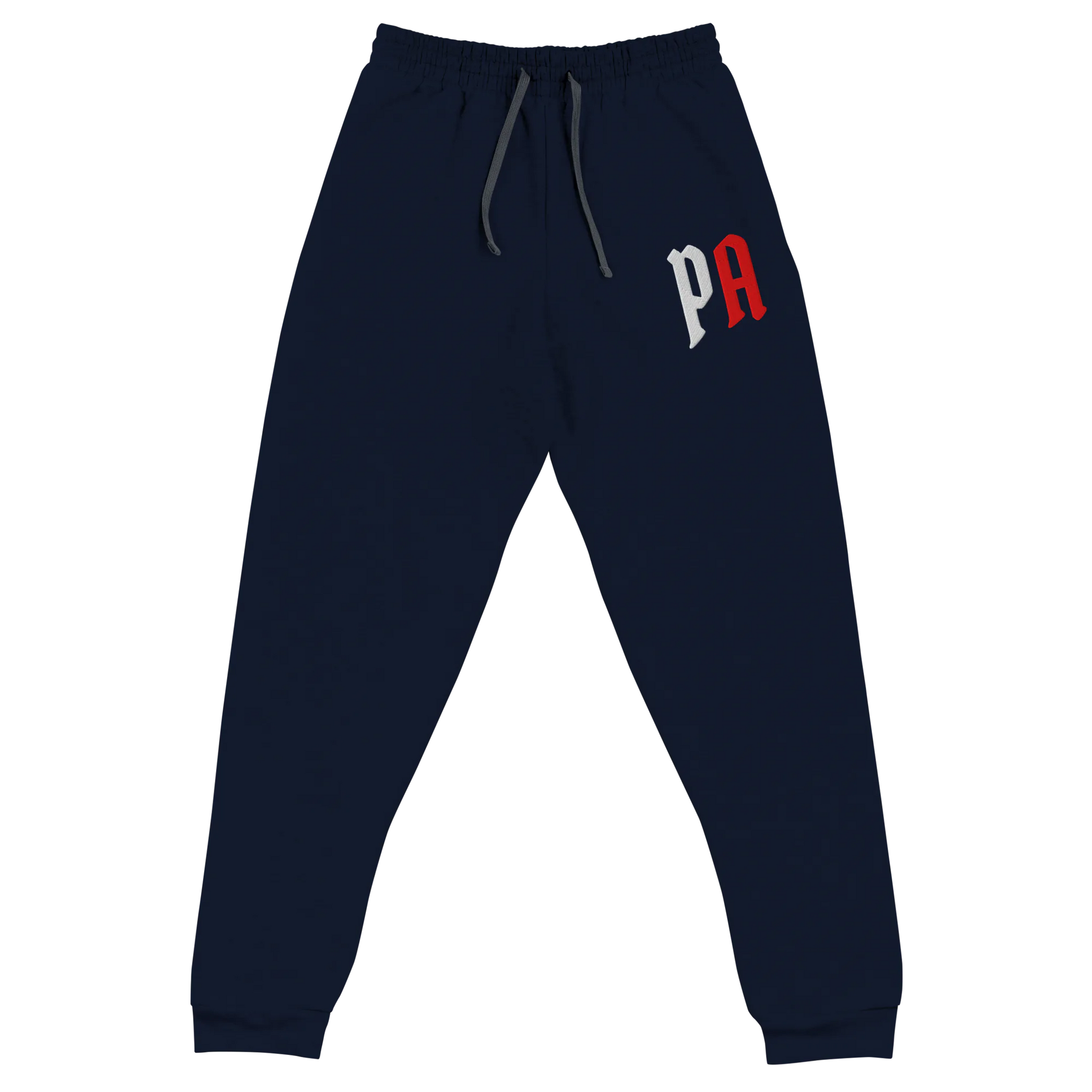 Navy blue sweatpants with a red and white logo on a white background