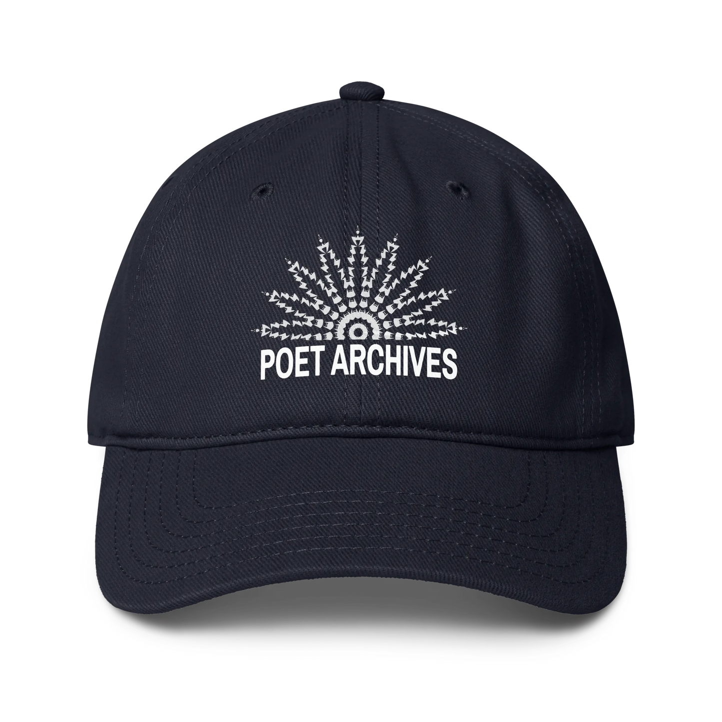 A dark navy blue baseball cap with a white embroidered sunburst graphic and the text 'POET ARCHIVES' on the front, shown against a plain white background.