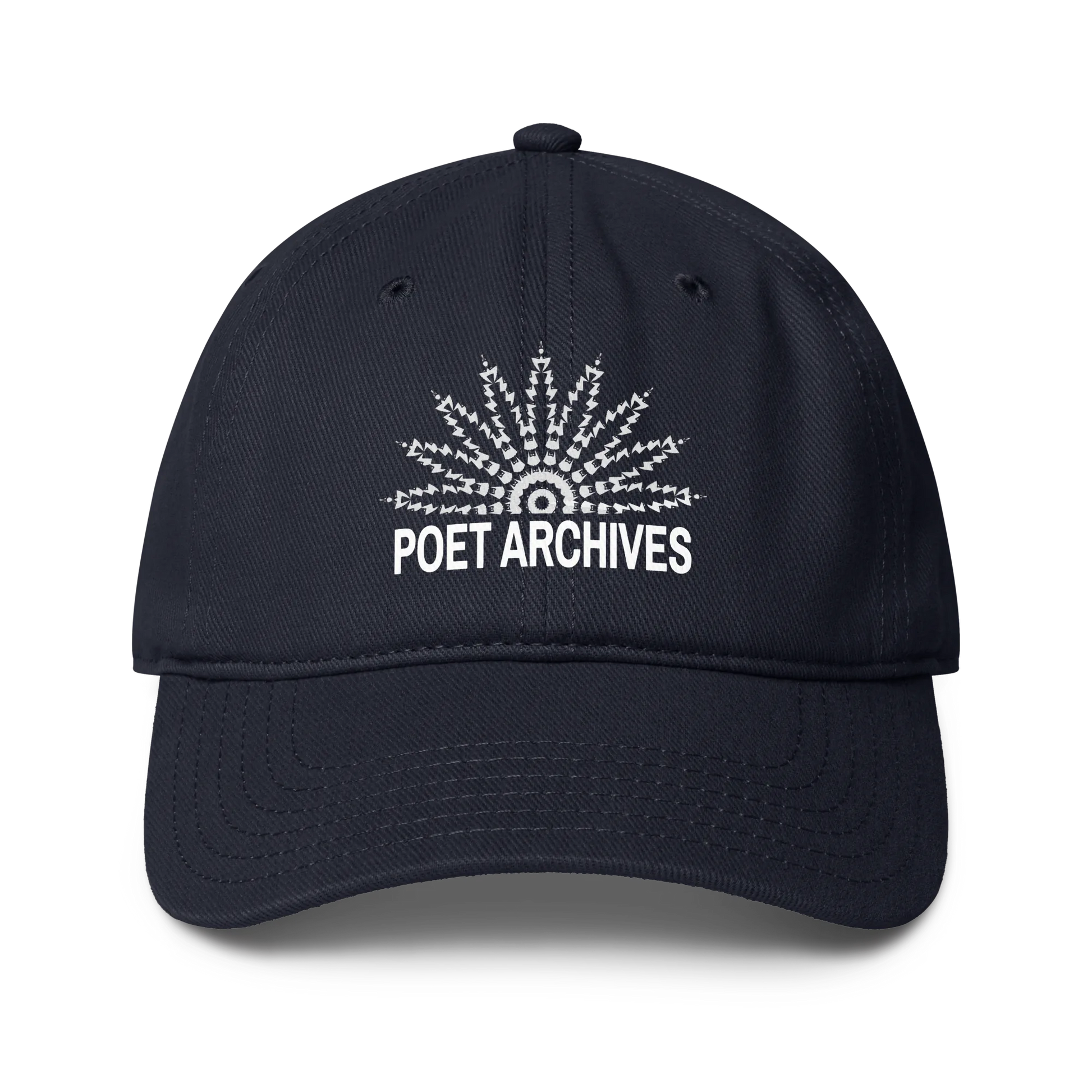 A dark navy blue baseball cap with a white embroidered sunburst graphic and the text 'POET ARCHIVES' on the front, shown against a plain white background.