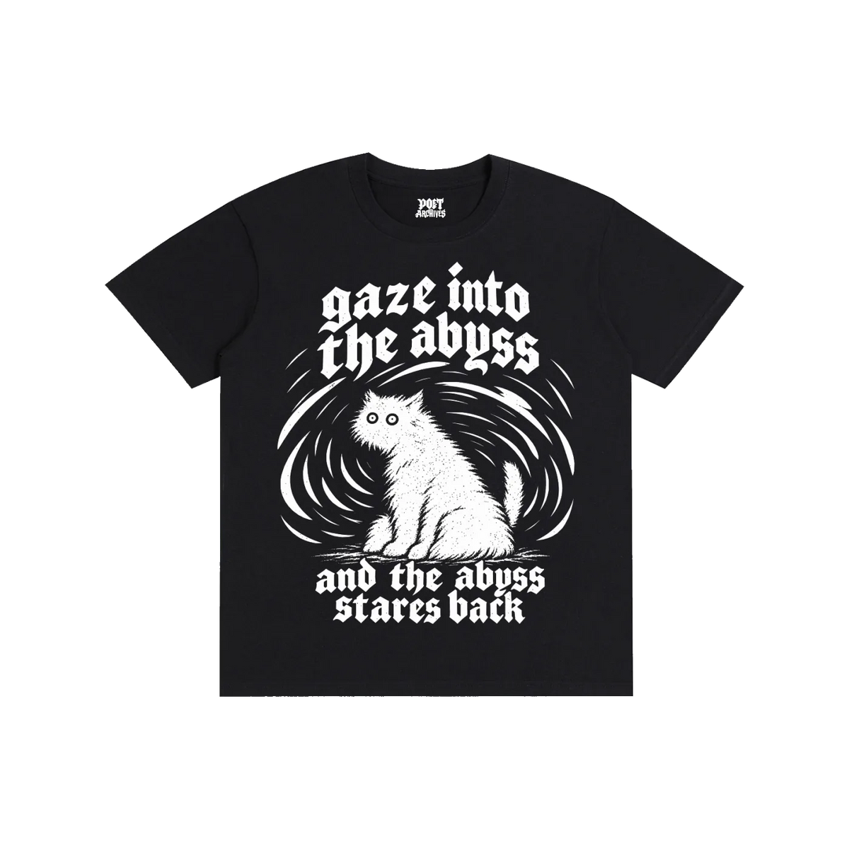 A black short-sleeve t-shirt with a white graphic print of a cat inside swirling lines, accompanied by the gothic text 'gaze into the abyss and the abyss stares back'. The brand 'JNT ARTS' is visible on the inner neck label.