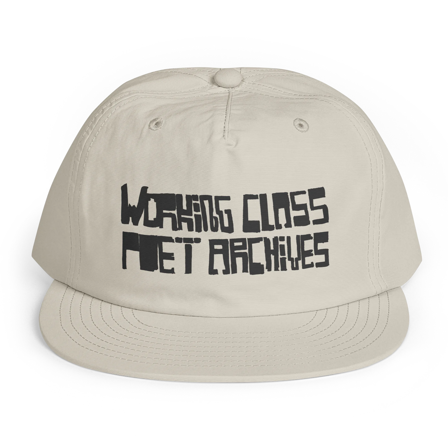 Beige cap with black text on a white background