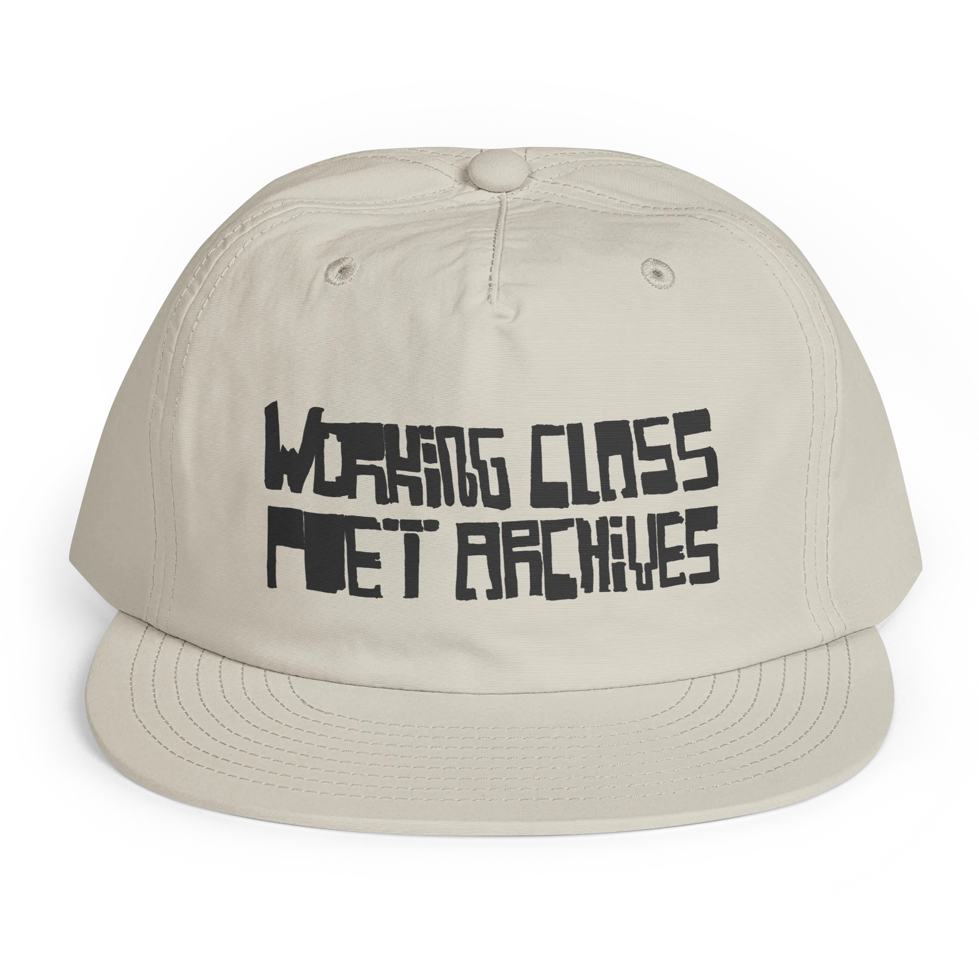 Beige cap with black text on a white background