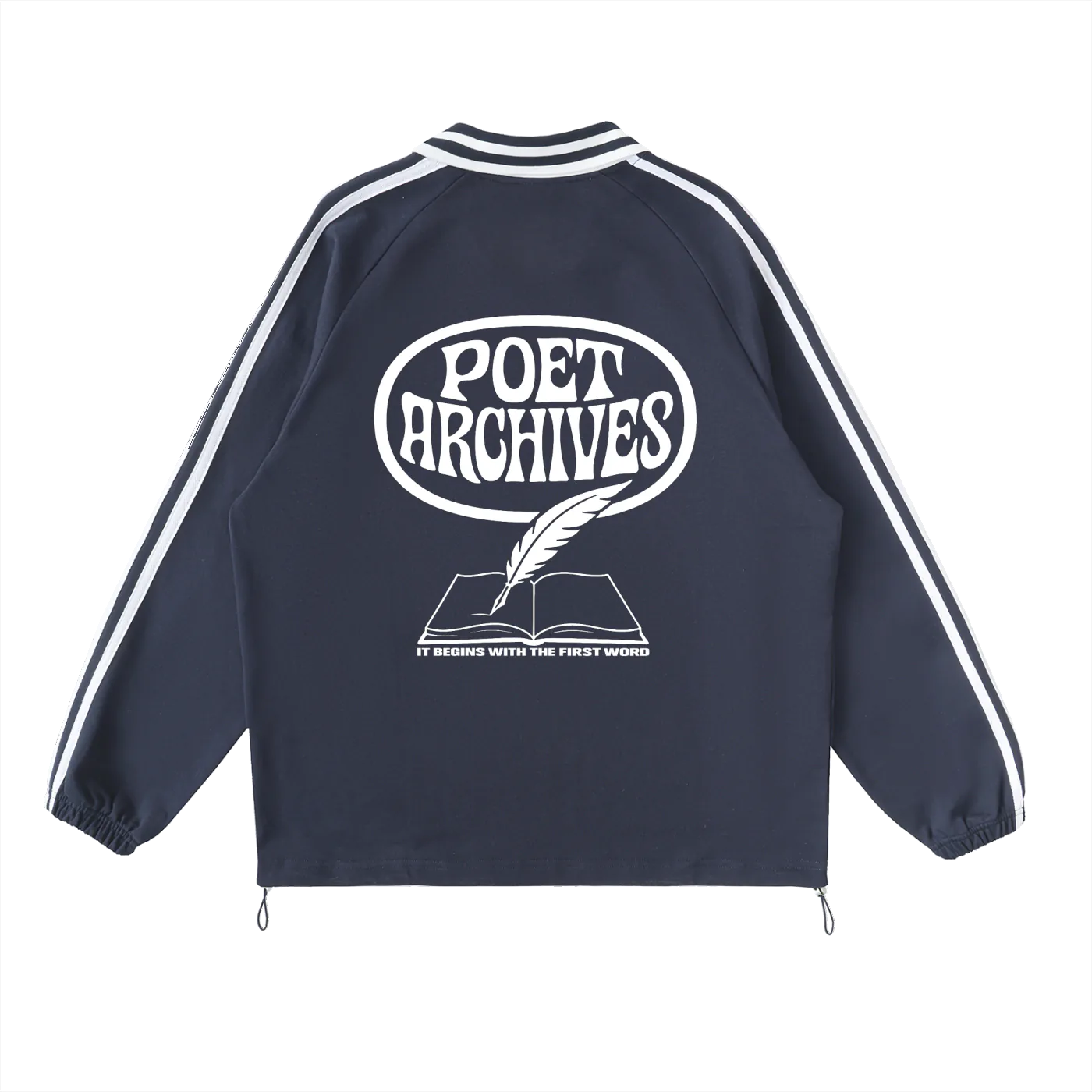 Poet Archives contrast striped lapel collar sweatshirt in navy. Bold streetwear design with skater, punk, and goth influences.