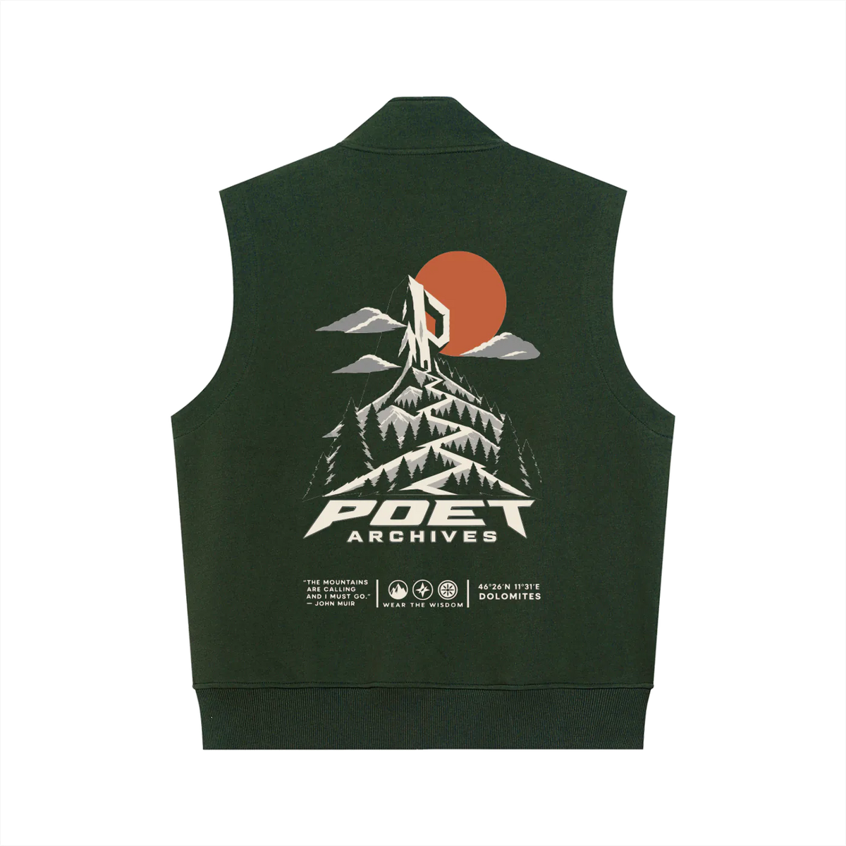 Dark green Dolomites-inspired hiking vest shown from the back with Dolomites mountain graphic and coordinates