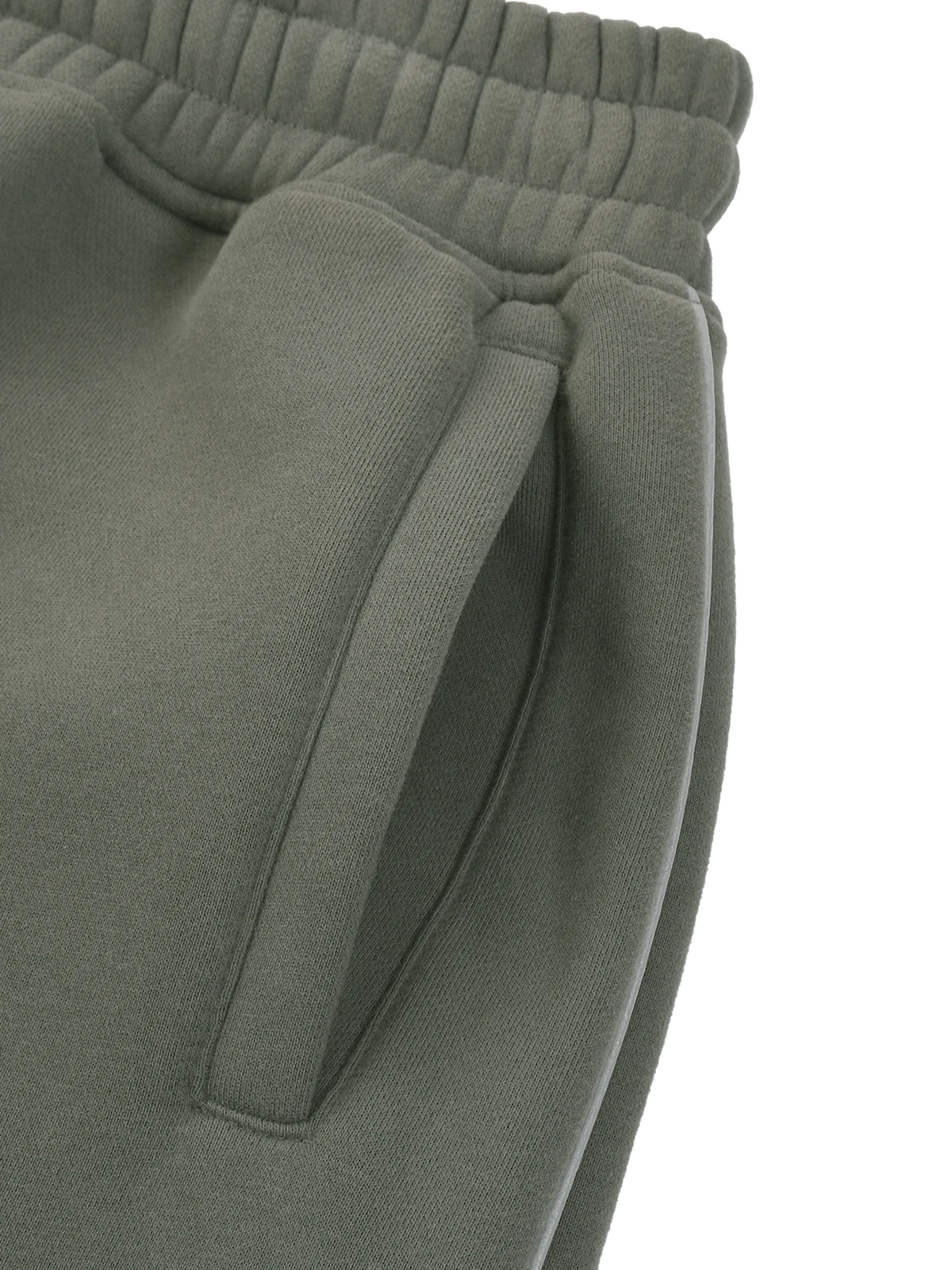 Close-up of olive green sweatpants showing the elastic waistband and a side pocket detail against a white background.