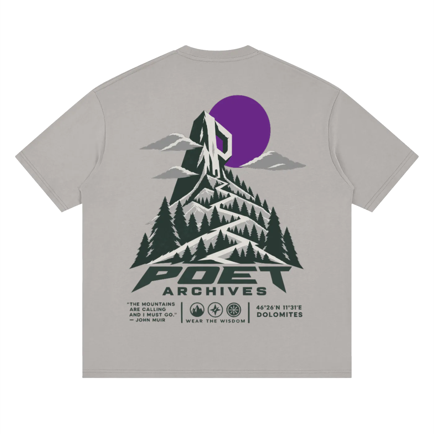 A light gray t-shirt shown from the back, featuring a large graphic print of a mountain with pine trees, a purple full moon, and the text 'POET ARCHIVES' in dark green and black.