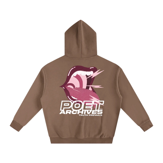 Brown hoodie with 'Poet Archives' logo on the back against a white background