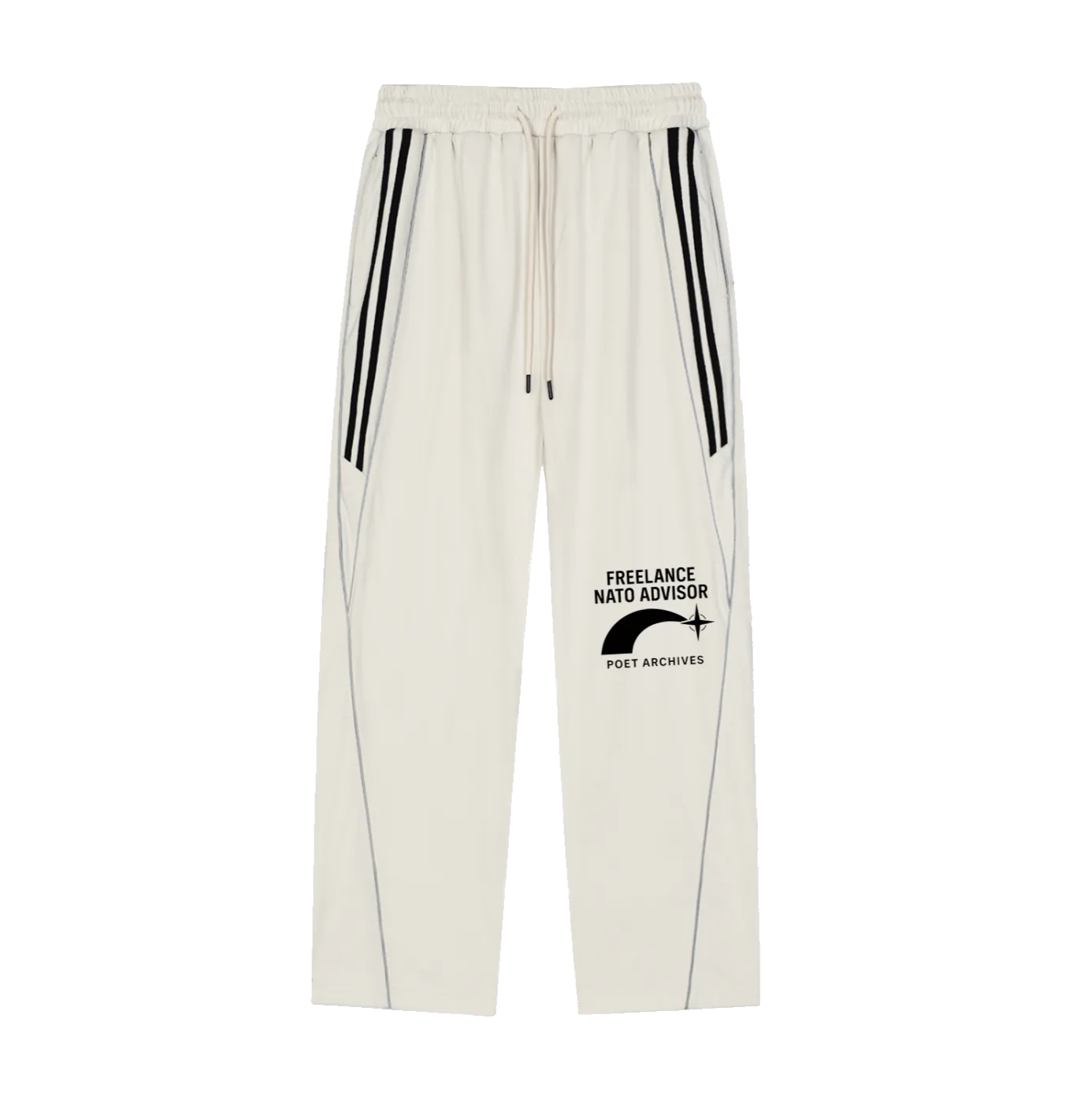 White pants with black stripes and text on a white background
