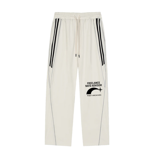 White pants with black stripes and text on a white background