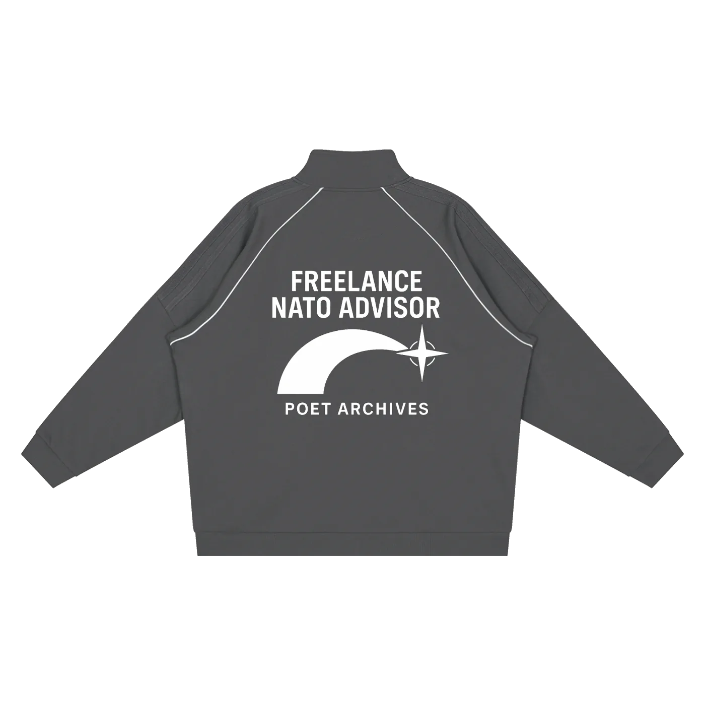 Dark gray sweatshirt with white text and logo on a white background