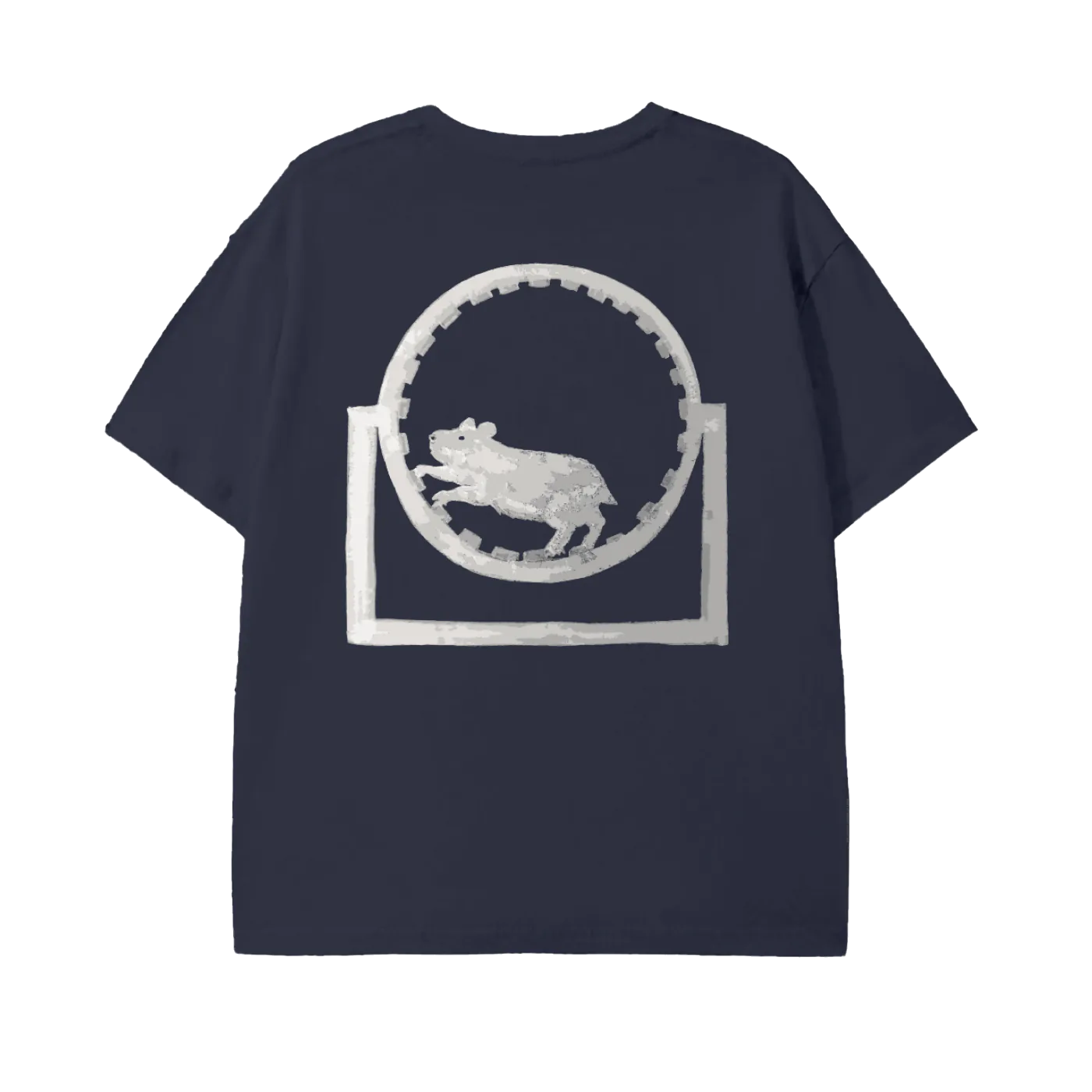 Navy blue t-shirt with a white graphic of a dog in a circular frame on a white background