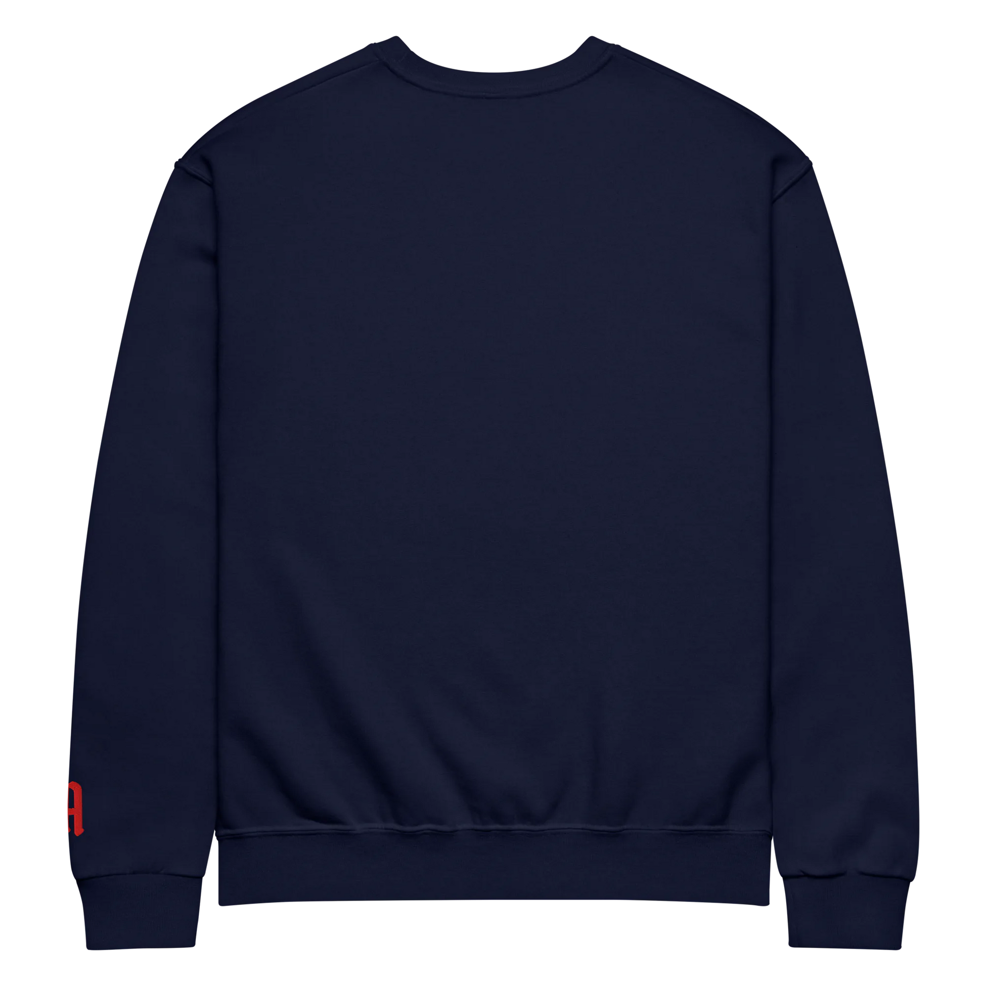 Navy blue sweatshirt with a red logo on sleeve against a white background