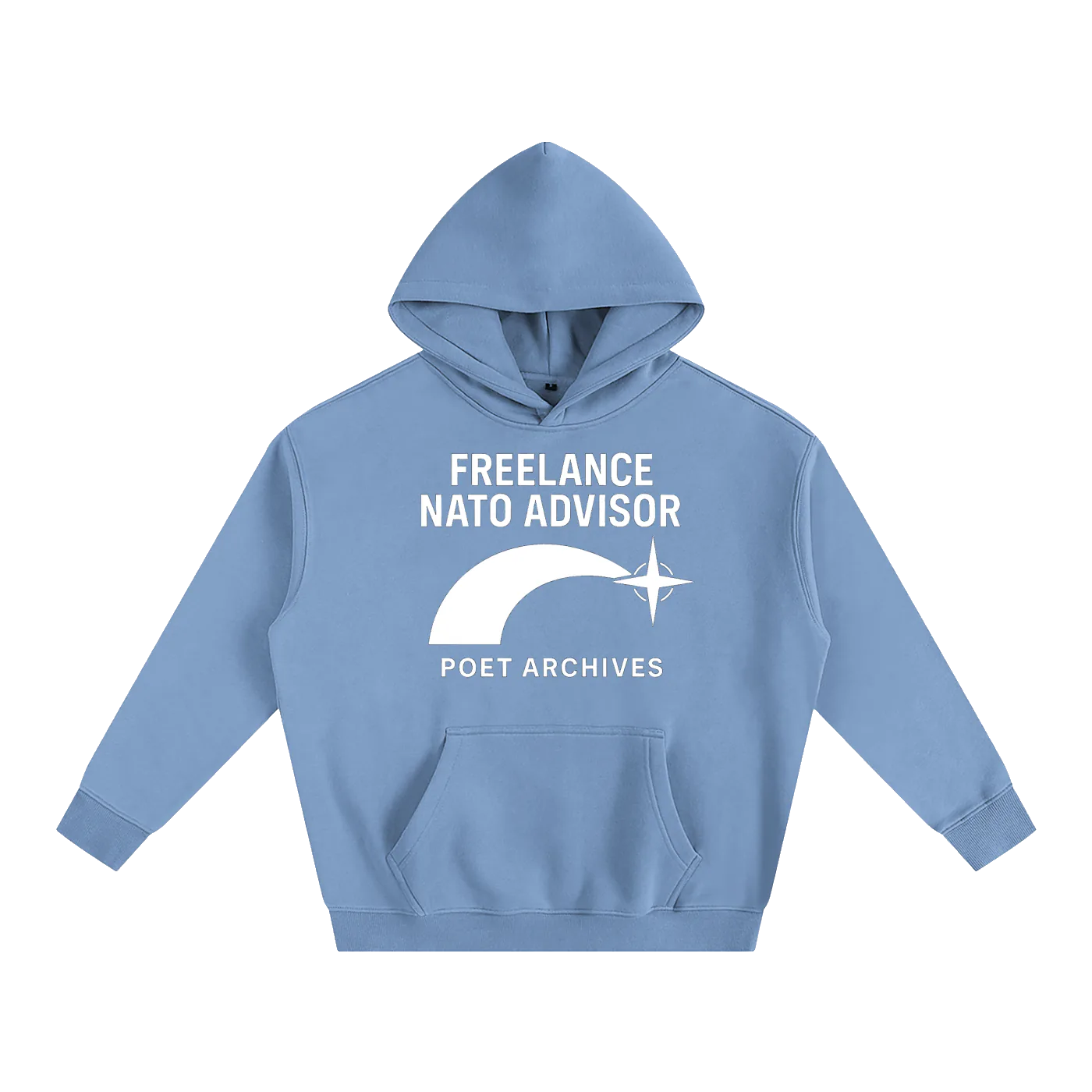 Light blue hoodie with text and logo on a white background
