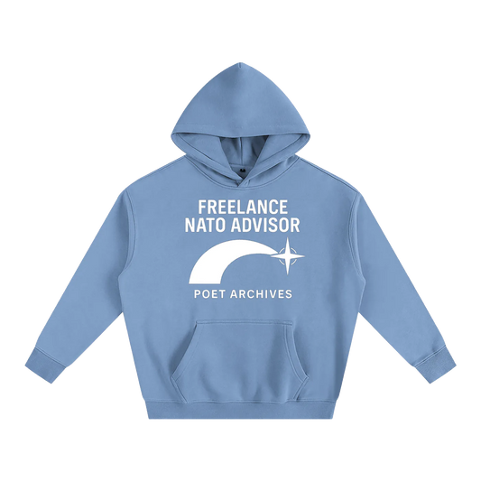 Light blue hoodie with text and logo on a white background