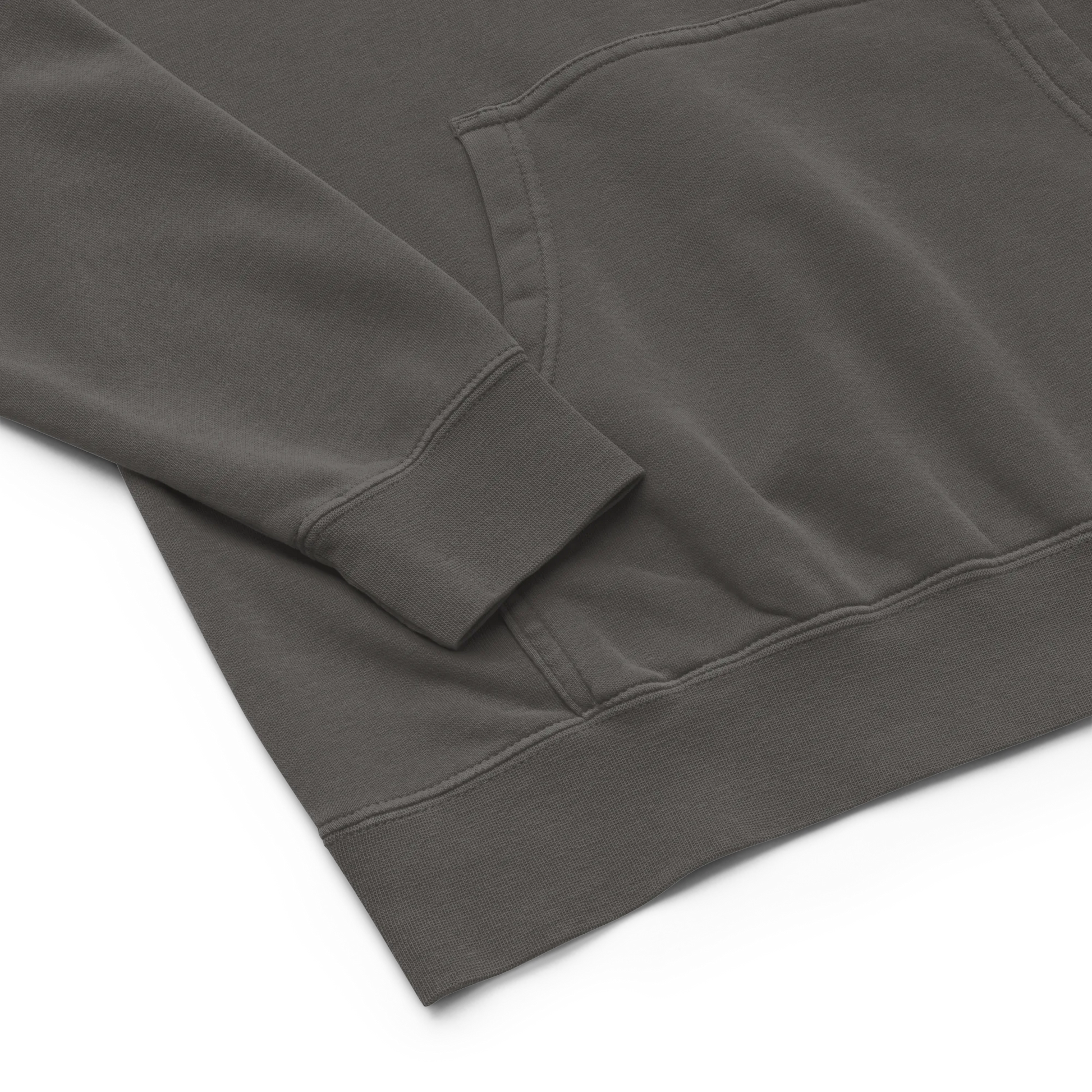 Close-up of a dark gray hoodie on a white background