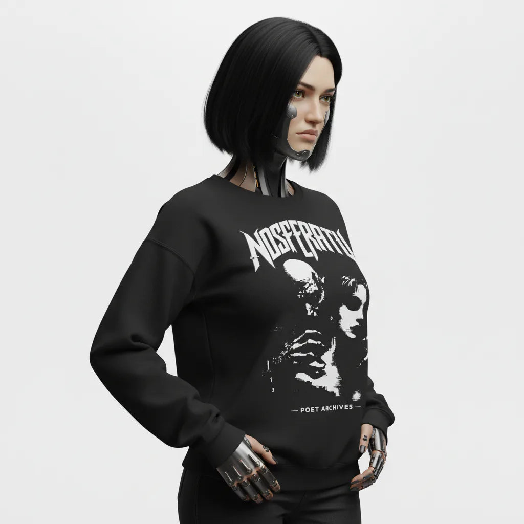 Person wearing a black sweatshirt with graphic design and text on a light gray background