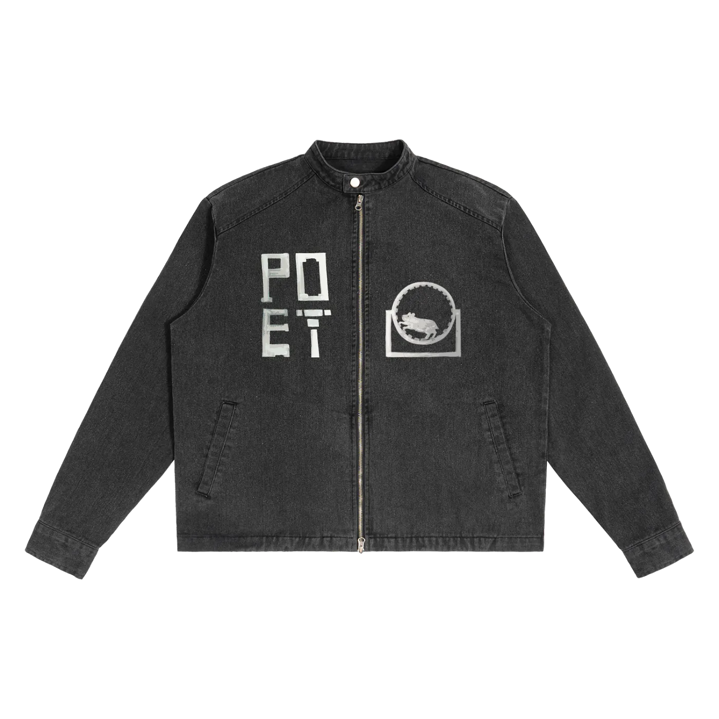 Black jacket with a brand logo on a white background