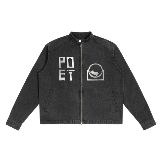 Black jacket with a brand logo on a white background