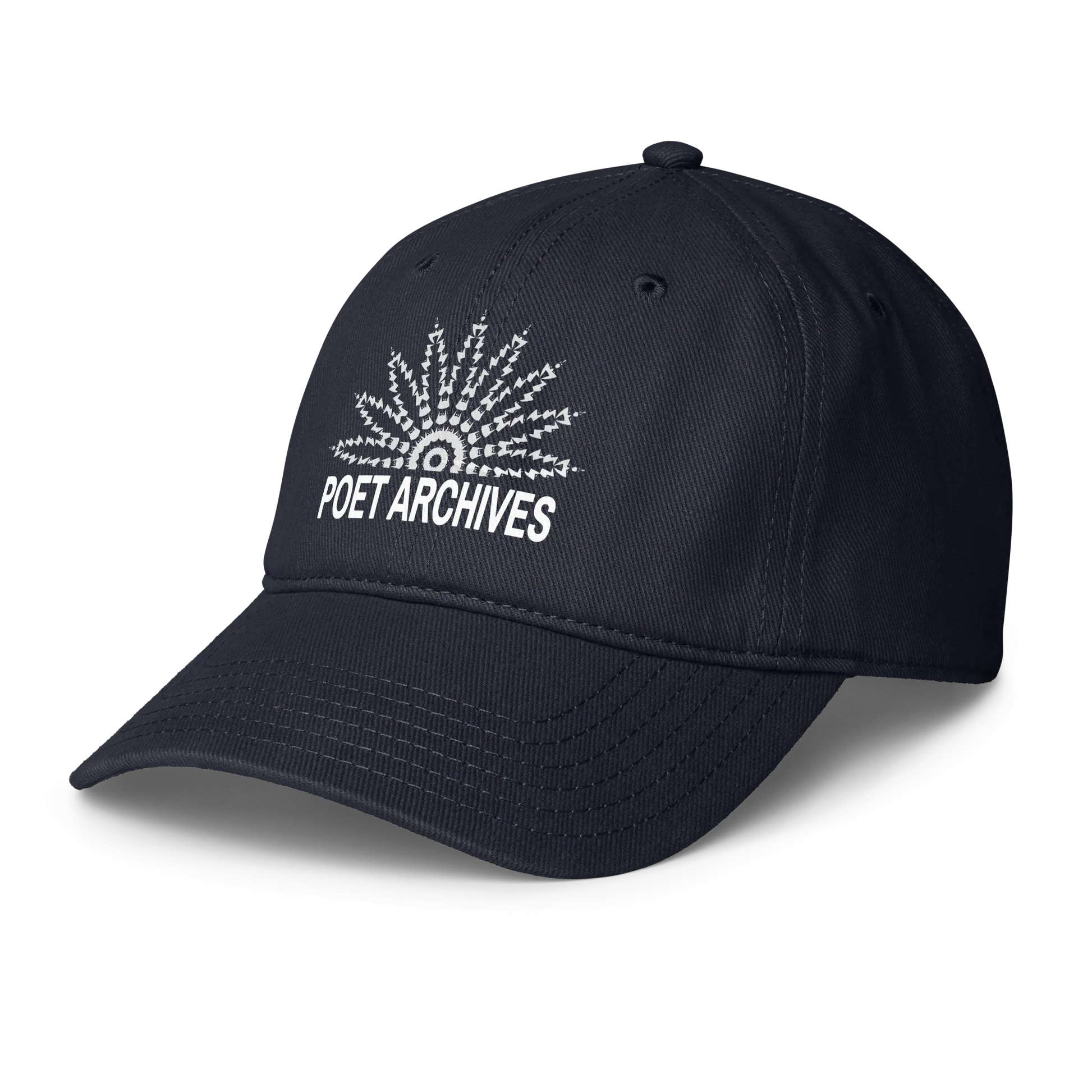 A dark navy blue baseball cap with a white embroidered sunburst graphic and the text 'POET ARCHIVES' on the front, shown against a plain white background.