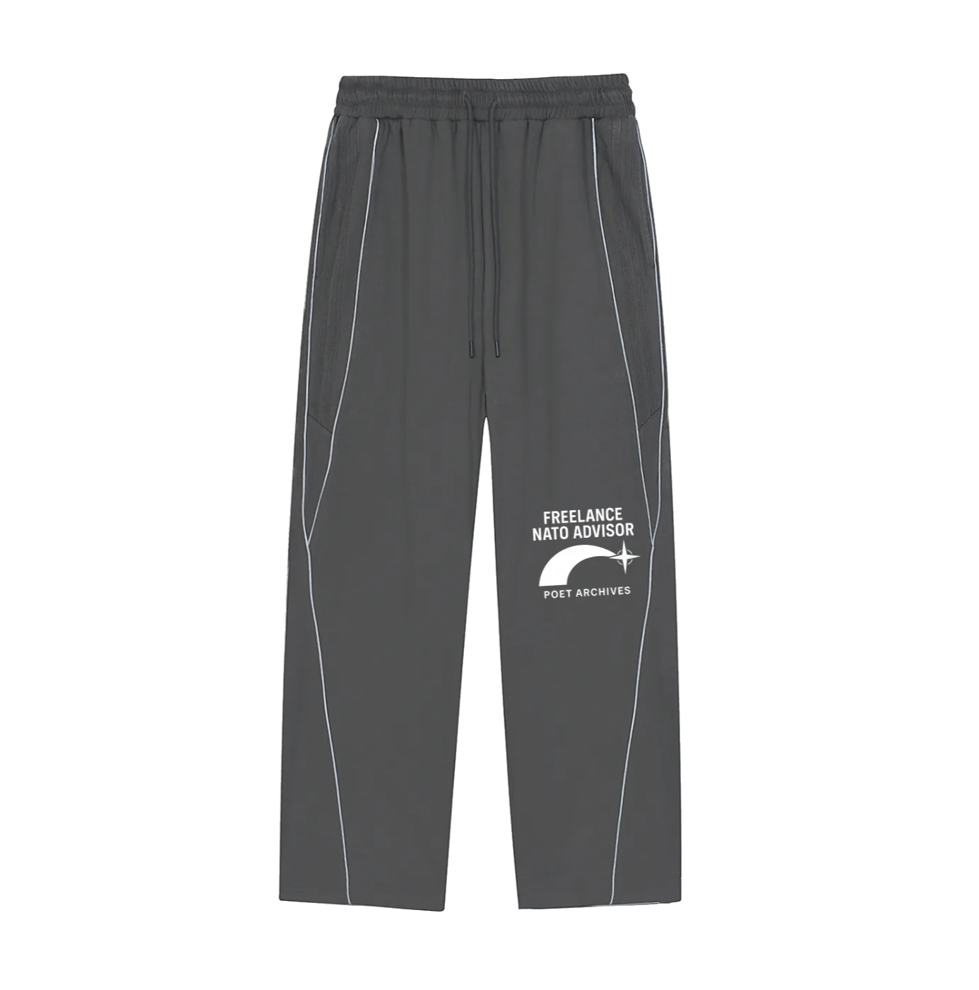 Gray pants with white text and logo on a white background