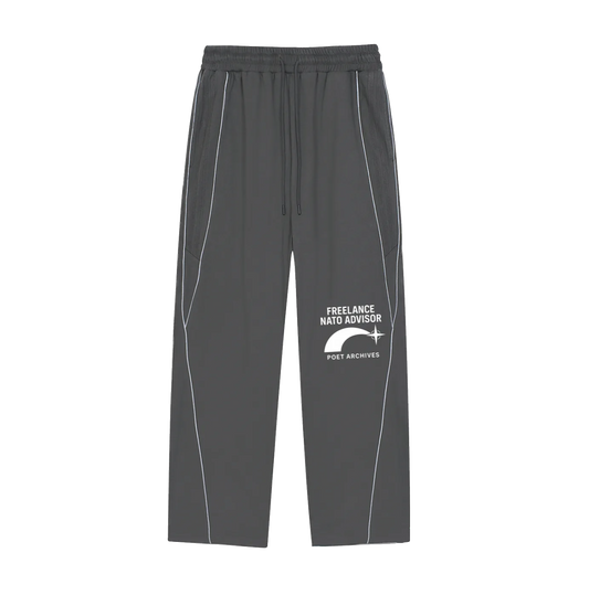 Gray pants with white text and logo on a white background